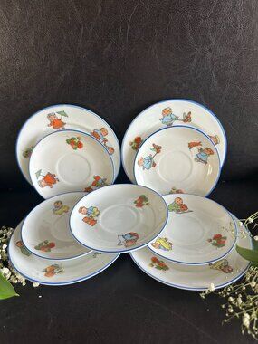 Antique German Happifats Porcelain Nursery Plate Set Beyer Bock Strawberry 1910s